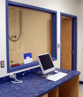 Angled control wall · multi-pane lead glass